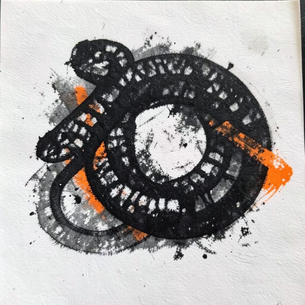 A bold charcoal sketch of an industrial blower door testing apparatus with coiled ducting, drawn in dark grey lines on a pale background, evoking a mechanical workshop