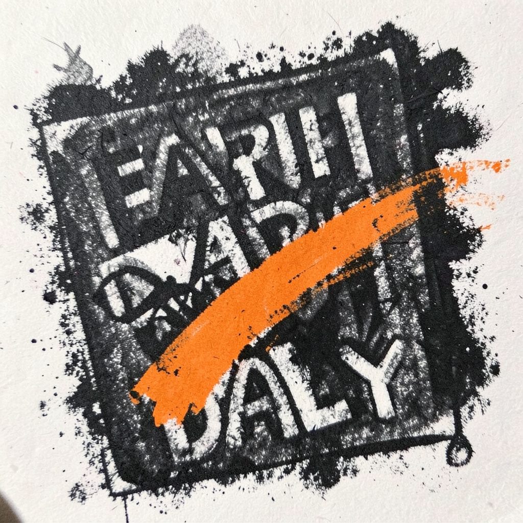 Bold charcoal drawing of a community gathering beneath tall trees, with soft sunset orange and deep slate blue tones, suggesting shared purpose and a calm, hopeful mood.